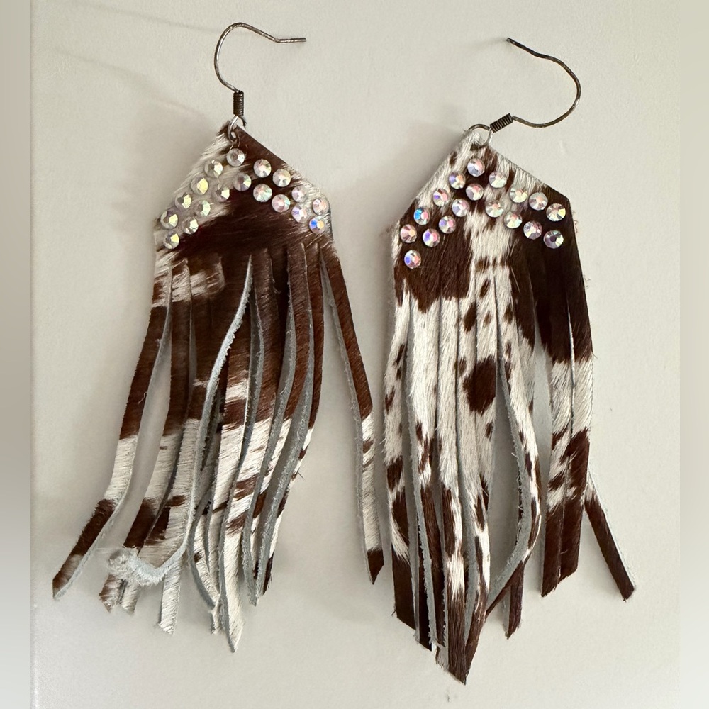 Brown and White Fringe Earrings with Rhinestones